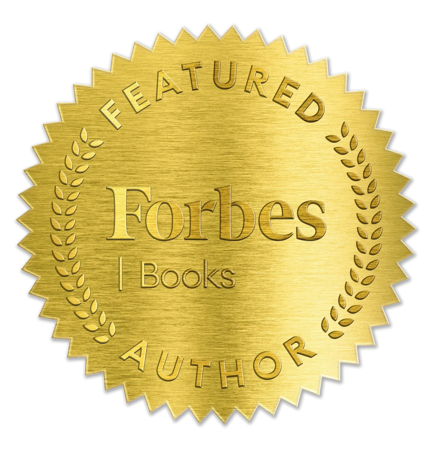 A gold seal that says featured author forbes books.